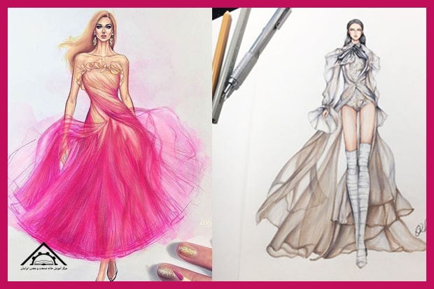 طراحی لباس با پارچه حریر با آبرنگ